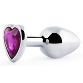 Серебристая анальная пробка с фиолетовым кристаллом-сердечком - 8 см. - Anal Jewelry Plug - купить с доставкой в Новомосковске