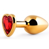 Золотистая анальная пробка с красным стразом-сердечком - 8 см. - Anal Jewelry Plug - купить с доставкой в Новомосковске
