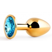 Золотистая анальная пробка с голубым стразом - 7,2 см. - Anal Jewelry Plug - купить с доставкой в Новомосковске
