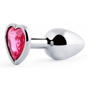 Серебристая анальная пробка с розовым кристаллом-сердечком - 7 см. - Anal Jewelry Plug - купить с доставкой в Новомосковске