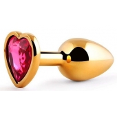 Золотистая анальная пробка с малиновым кристаллом-сердечком - 7 см. - Anal Jewelry Plug - купить с доставкой в Новомосковске