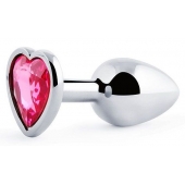 Серебристая анальная пробка с малиновым кристаллом-сердечком - 7 см. - Anal Jewelry Plug - купить с доставкой в Новомосковске