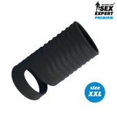 Черная открытая насадка на пенис с кольцом для мошонки XXL-size - 9,4 см. - Sex Expert - в Новомосковске купить с доставкой