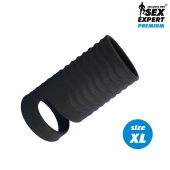Черная открытая насадка на пенис с кольцом для мошонки XL-size - 8,9 см. - Sex Expert - в Новомосковске купить с доставкой