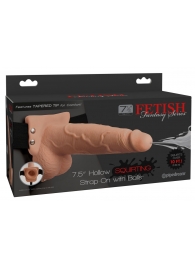 Телесный полый страпон с имитацией эякуляции 7.5  Hollow Squirting Strap-On with Balls Flesh - 21,6 см. - Pipedream - купить с доставкой в Новомосковске