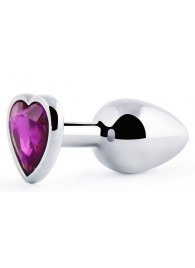 Серебристая анальная пробка с фиолетовым кристаллом-сердечком - 8 см. - Anal Jewelry Plug - купить с доставкой в Новомосковске