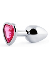 Серебристая анальная пробка с розовым кристаллом-сердечком - 7 см. - Anal Jewelry Plug - купить с доставкой в Новомосковске