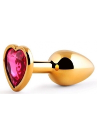 Золотистая анальная пробка с малиновым кристаллом-сердечком - 7 см. - Anal Jewelry Plug - купить с доставкой в Новомосковске