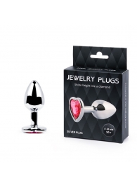 Серебристая анальная пробка с малиновым кристаллом-сердечком - 7 см. - Anal Jewelry Plug - купить с доставкой в Новомосковске