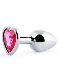 Серебристая анальная пробка с малиновым кристаллом-сердечком - 7 см. - Anal Jewelry Plug - купить с доставкой в Новомосковске