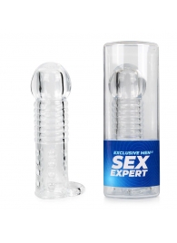 Прозрачная рельефная насадка-реалистик с петлей для мошонки - 13,5 см. - Sex Expert - в Новомосковске купить с доставкой