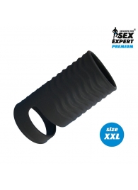 Черная открытая насадка на пенис с кольцом для мошонки XXL-size - 9,4 см. - Sex Expert - в Новомосковске купить с доставкой