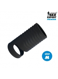 Черная открытая насадка на пенис с кольцом для мошонки size M - 7,9 см. - Sex Expert - в Новомосковске купить с доставкой