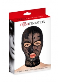 Черная кружевная маска на голову с отверстиями для глаз и рта - Fetish Tentation - купить с доставкой в Новомосковске