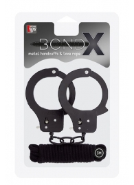 Чёрные наручники из листового металла в комплекте с веревкой BONDX METAL CUFFS LOVE ROPE SET - Dream Toys - купить с доставкой в Новомосковске