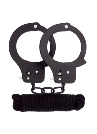 Чёрные наручники из листового металла в комплекте с веревкой BONDX METAL CUFFS LOVE ROPE SET - Dream Toys - купить с доставкой в Новомосковске