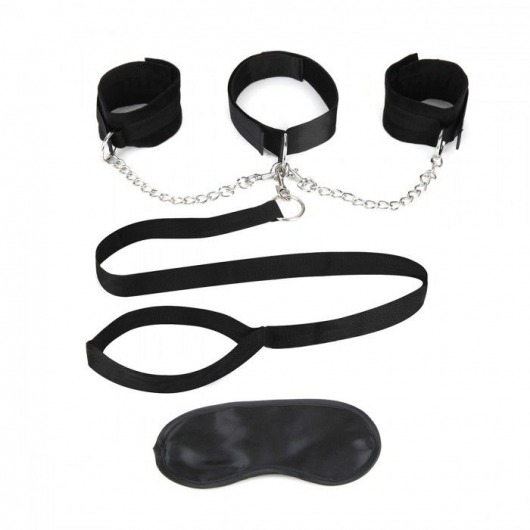 Чёрный ошейник с наручниками и поводком Collar Cuffs   Leash Set - Lux Fetish - купить с доставкой в Новомосковске