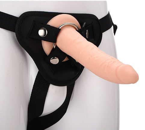 Телесный страпон на черных трусиках STRAP ON REAL DILDO - 20 см. - Dream Toys - купить с доставкой в Новомосковске