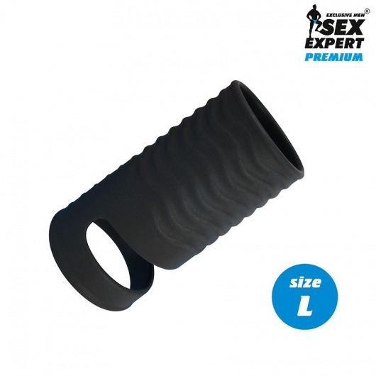 Черная открытая насадка на пенис с кольцом для мошонки L-size - 8,5 см. - Sex Expert - в Новомосковске купить с доставкой