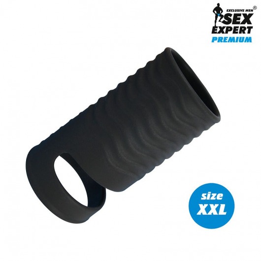 Черная открытая насадка на пенис с кольцом для мошонки XXL-size - 9,4 см. - Sex Expert - в Новомосковске купить с доставкой