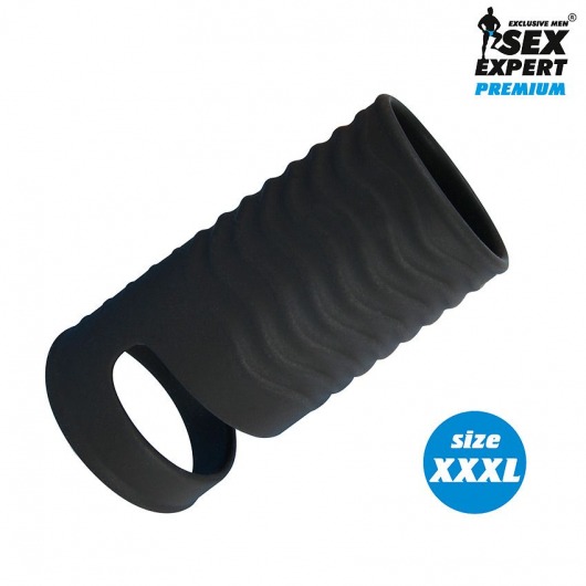 Черная открытая насадка на пенис с кольцом для мошонки XXXL-size - 9,9 см. - Sex Expert - в Новомосковске купить с доставкой