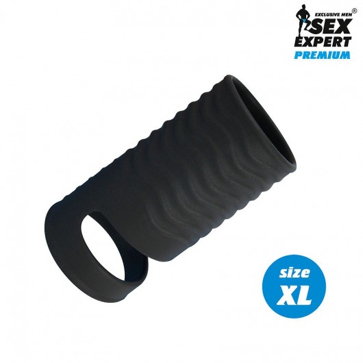 Черная открытая насадка на пенис с кольцом для мошонки XL-size - 8,9 см. - Sex Expert - в Новомосковске купить с доставкой