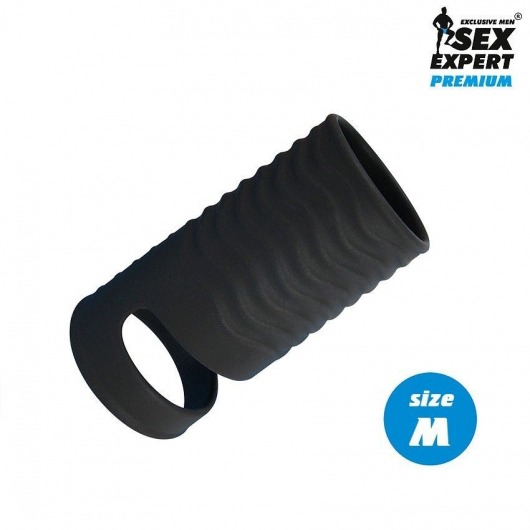 Черная открытая насадка на пенис с кольцом для мошонки size M - 7,9 см. - Sex Expert - в Новомосковске купить с доставкой