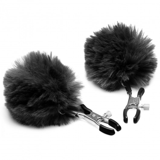 Зажимы для сосков с черным помпонами Pom Pom Nipple Clamps - XR Brands - купить с доставкой в Новомосковске